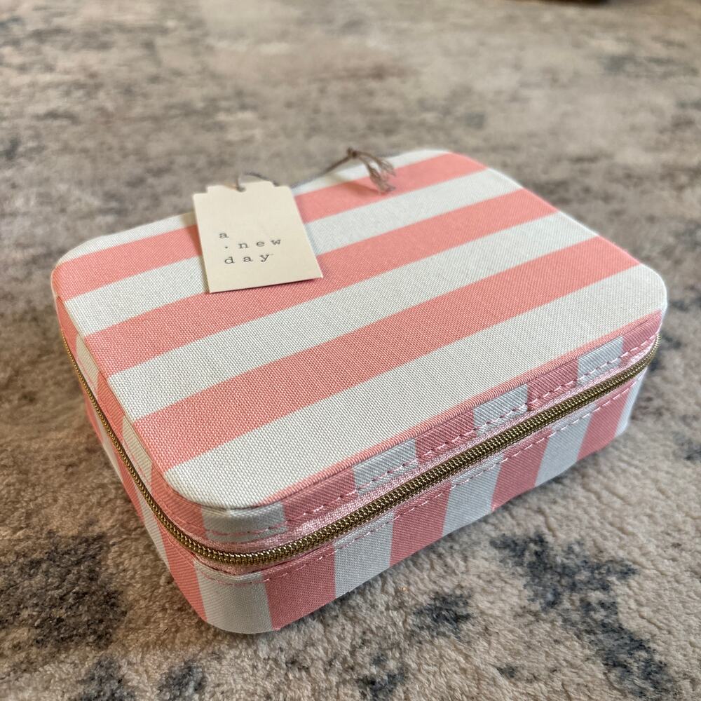 A New Day‎ Pink White Striped Rectangular Zip Travel Jewelry Organizer NEW
